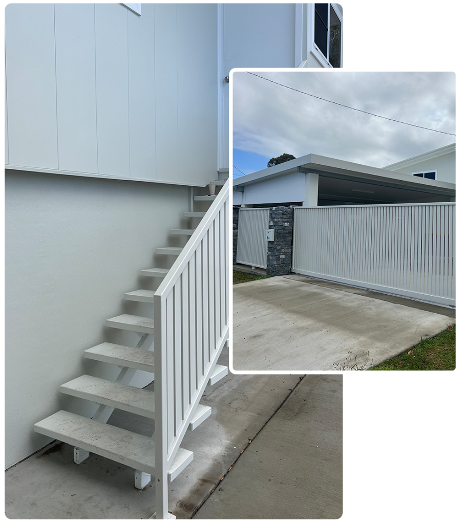 White external stairs beside a home, with an inset of a slatted driveway gate